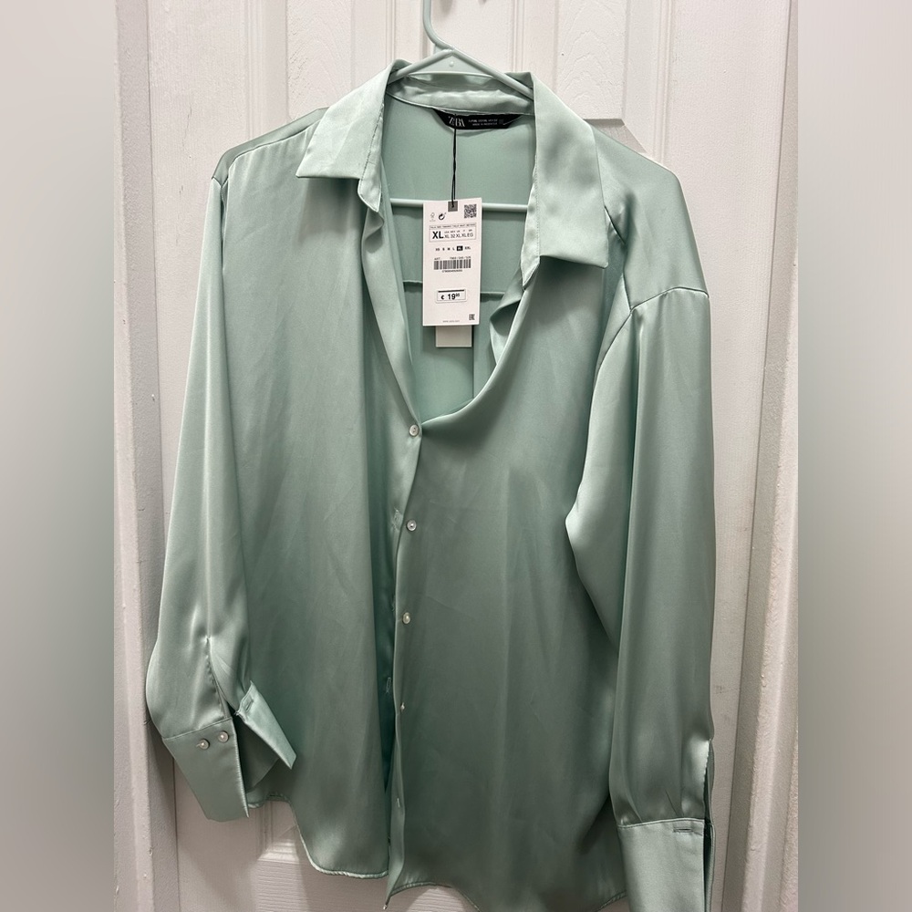 Light aqua Zara button down, silky with pearl-look button. Size XL. NWT.
